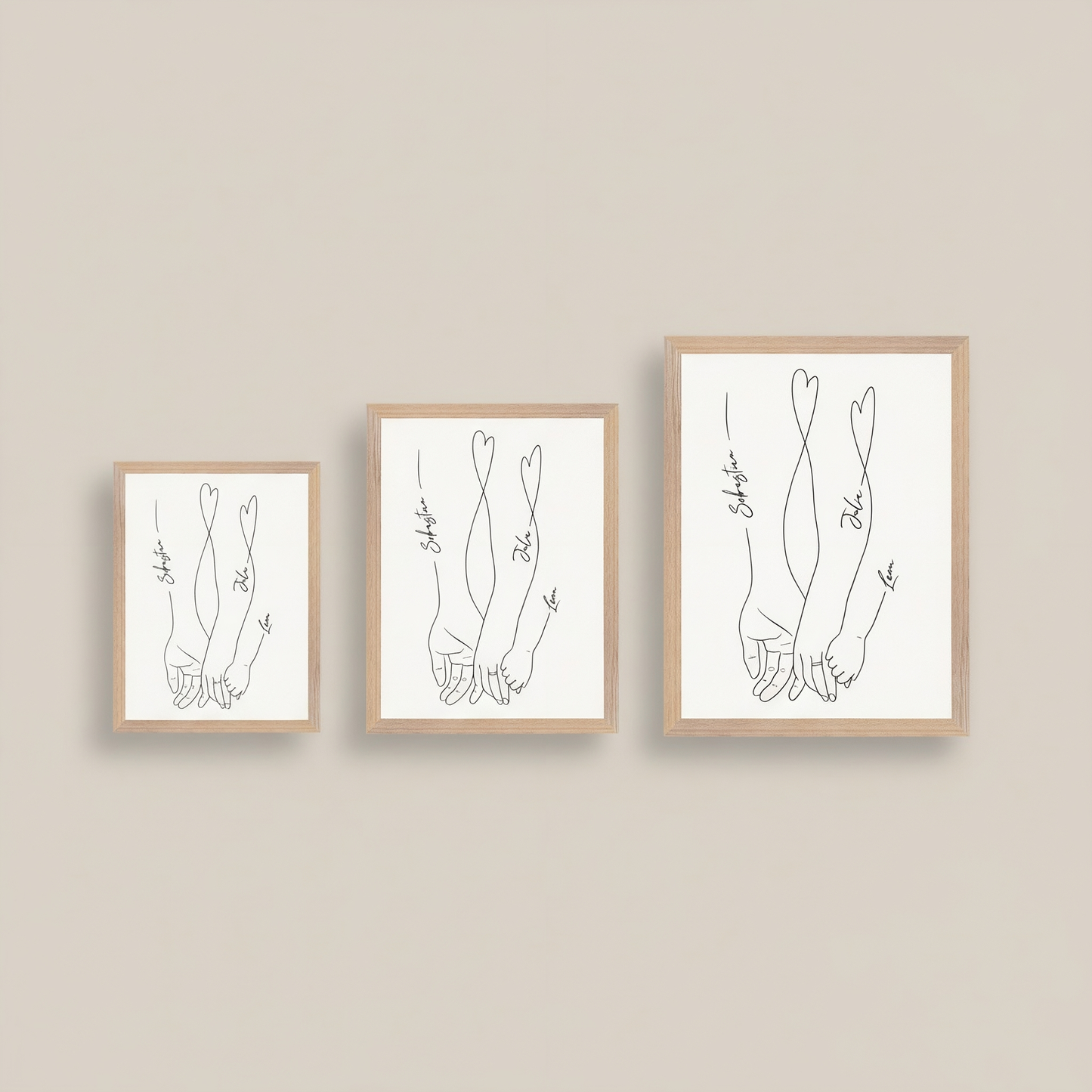 Familienliebe Poster im Holzrahmen – Personalisiertes Line Art Familienbild