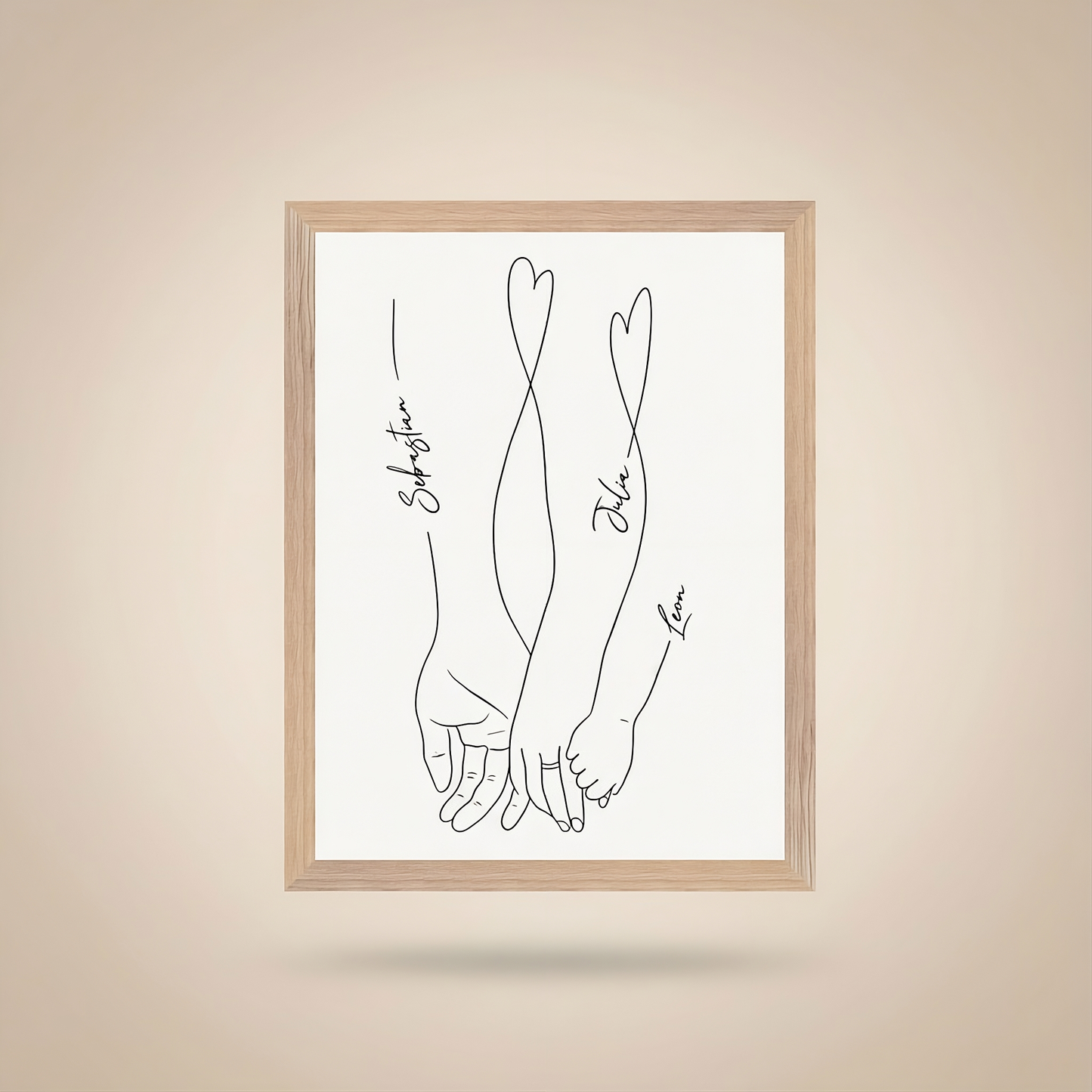Familienliebe Poster im Holzrahmen – Personalisiertes Line Art Familienbild
