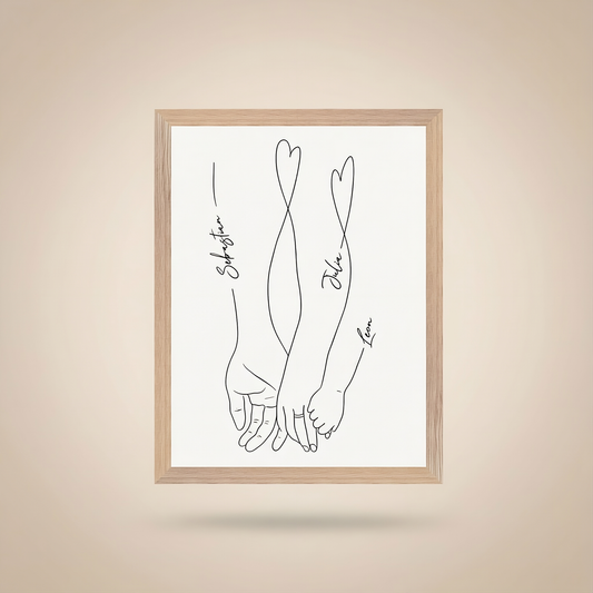 Familienliebe Poster im Holzrahmen – Personalisiertes Line Art Familienbild