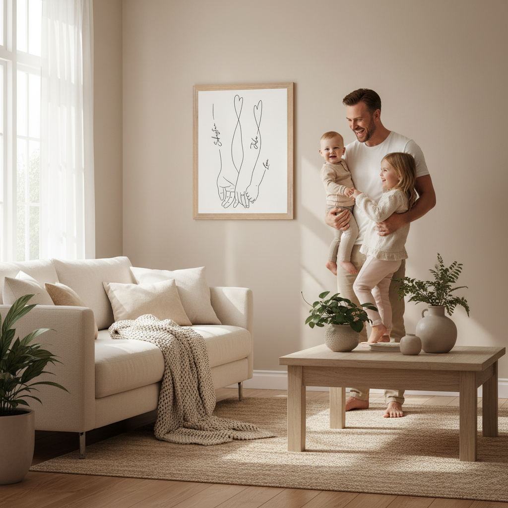 Familienliebe Poster im Holzrahmen – Personalisiertes Line Art Familienbild