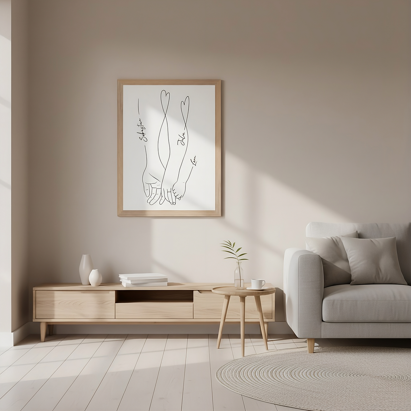 Familienliebe Poster im Holzrahmen – Personalisiertes Line Art Familienbild